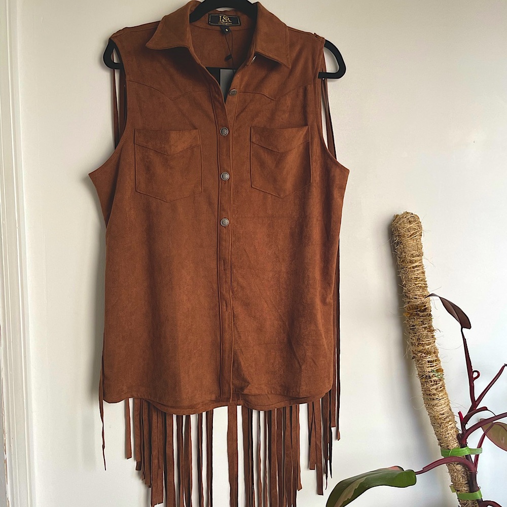 NWT Three Bird Nest faux suede fringe vest / button up